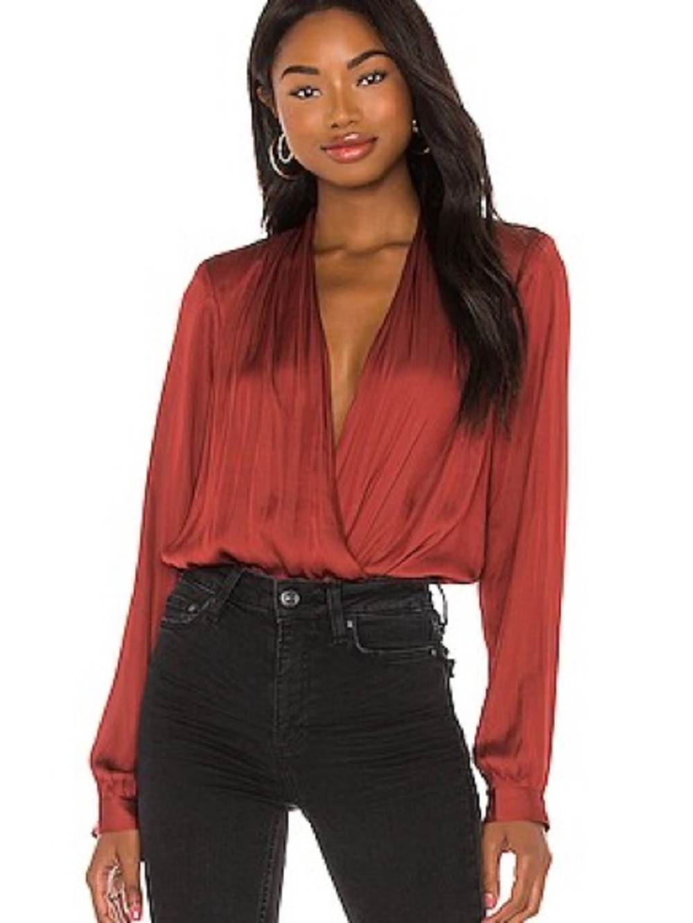 All in Favor Satin Surplice Blouse in Rosewood Red Rust Medium